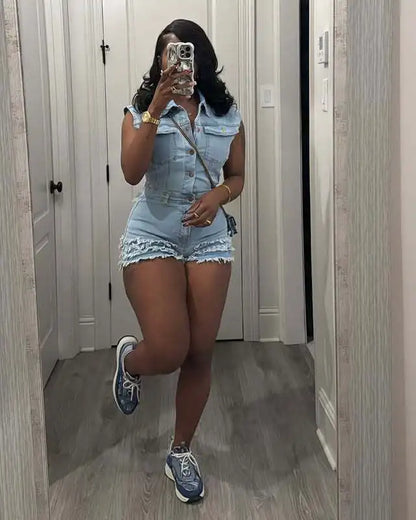 Tassel Denim Casual Playsuit Sexy Women Turn Down Collar Elegant  Jeans Club Party Overalls Romper