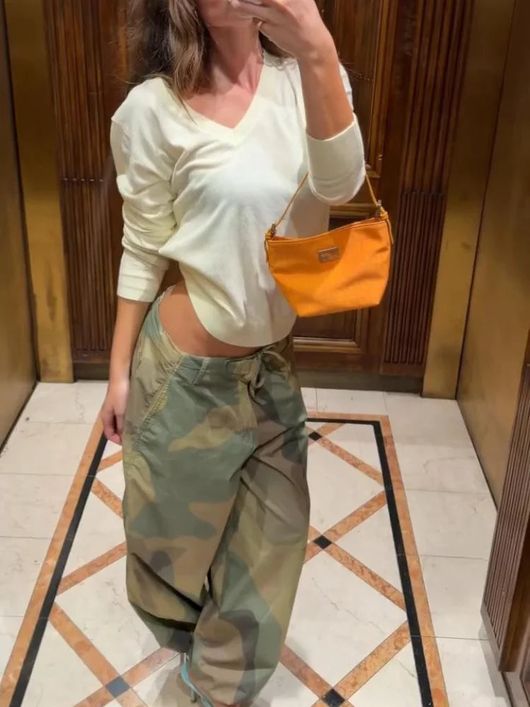 Women Camouflage Cargo Long Pants High Waist Wide Leg Drawstring Hem Baggy Trousers 2026 Autumn Casual Chic Vintage Streetwear