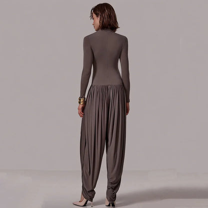 TWOTWINSTYLE Sexy Hot Girl Solid Color Jumpsuits for Women Round Neck Long Sleeve Backless Side Split Streetwear Jumpsuit Female