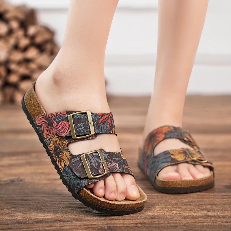 Women Sandals with Memory Foam Footwear Slides for Women with Cork Footbed Flip Flops for Women with Double Straps Sandals