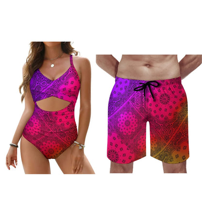 Customizable Bandana Men'S And Women'S Swimsuits Women One Piece Swimsuits Men Swimming Trunks And Beach Couple Outfits