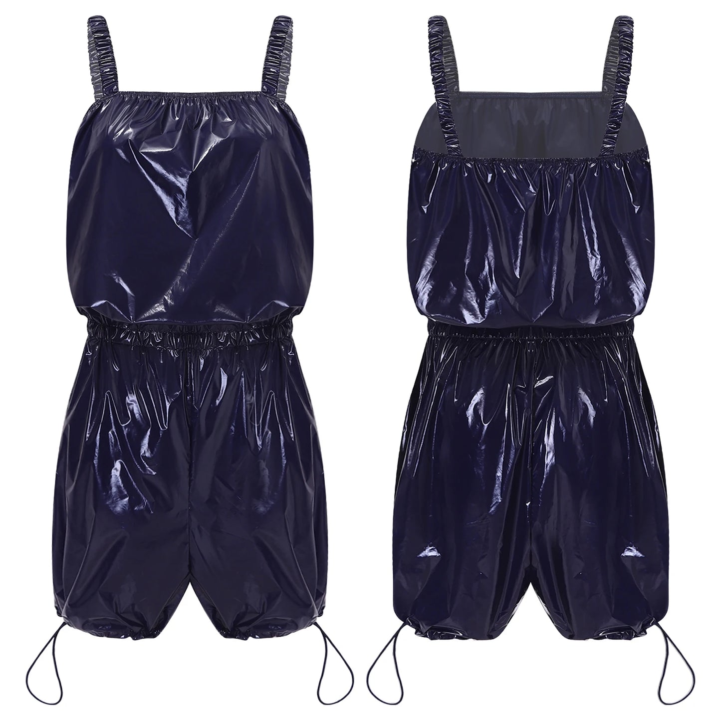 Womens Glossy Waterproof Diaper Cover Sling Bodysuit Waistband Drawstring Legs One-piece Cami Rompers Adaptive Short Jumpsuit