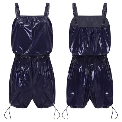 Womens Glossy Waterproof Diaper Cover Sling Bodysuit Waistband Drawstring Legs One-piece Cami Rompers Adaptive Short Jumpsuit
