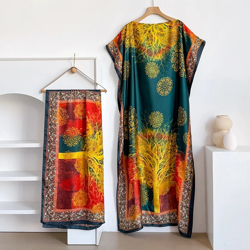Ladies Scarf New Dubai Fashion Print Design Women Long Dress 2026 Summer Beach Party Loose Dress Silk Soft African Abaya MOOMOO