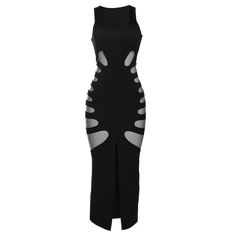 Sisterlinda Sexy Hollow Elegant Midi Dress Women 2023 Summer Sleeveless Hipster Side Split Bodycon Party Clubwear Vestidos Mujer