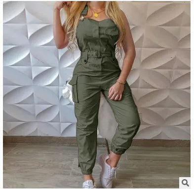Fashion Pocket Jumpsuit Women Loose Dungarees Long Rompers Summer Solid Pockets Cargo Pants Female Casual Work Out Playsuits