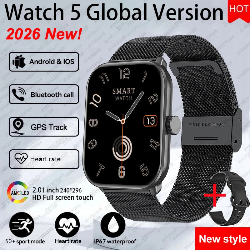 New Watch 5 Sports Smart Watch Men Women 2.01" AMOLED Screen Fitness Tracker Heart Rate ECG Waterproof GPS Track Call Smartwatch