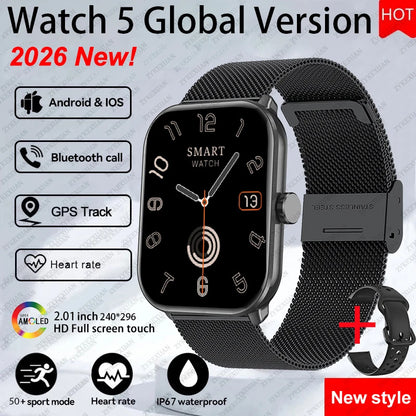 New Watch 5 Sports Smart Watch Men Women 2.01" AMOLED Screen Fitness Tracker Heart Rate ECG Waterproof GPS Track Call Smartwatch