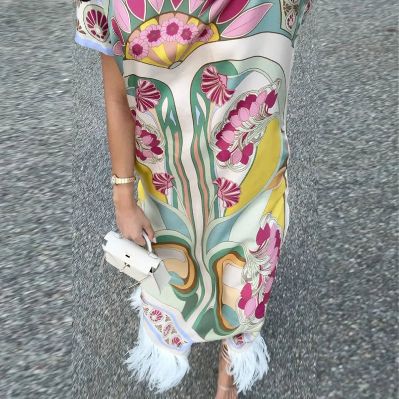 Women Art Floral Print Feather Hem Maxi Dress Short Sleeve Crew Neck Loose Fit Dresses 2026 Summer Fashion Elegant Lady Outwear