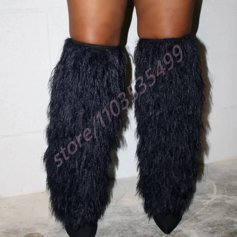 2025 Winter Black Sexy Ladies Catwalk Fur Boots Fashion Street Model Soft Fur Knee-High Stage Boots Pointed Warm Stiletto Boots