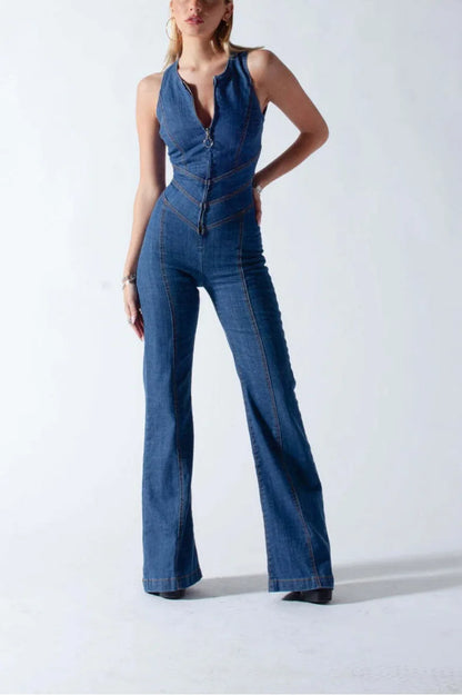Fashion Denim Jumpsuit Women's Sexy New Tank Slim Sleeveless High Waist Hollow Zipper Backless Love Jumpsuits Streetwear Women