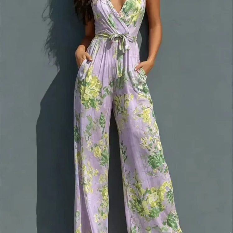 Women Sexy Print V Neck Sleeveless Jumpsuit Summer Casual High Waist Wide Leg Romper With Pockets Holiday party style jumpsuit