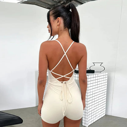 Sibybo Basics Solid Color Tight Playsuit Women Summer Sleeveless Hollow Out Backless Slim Romper Streetwear Sexy Shorts Jumpsuit