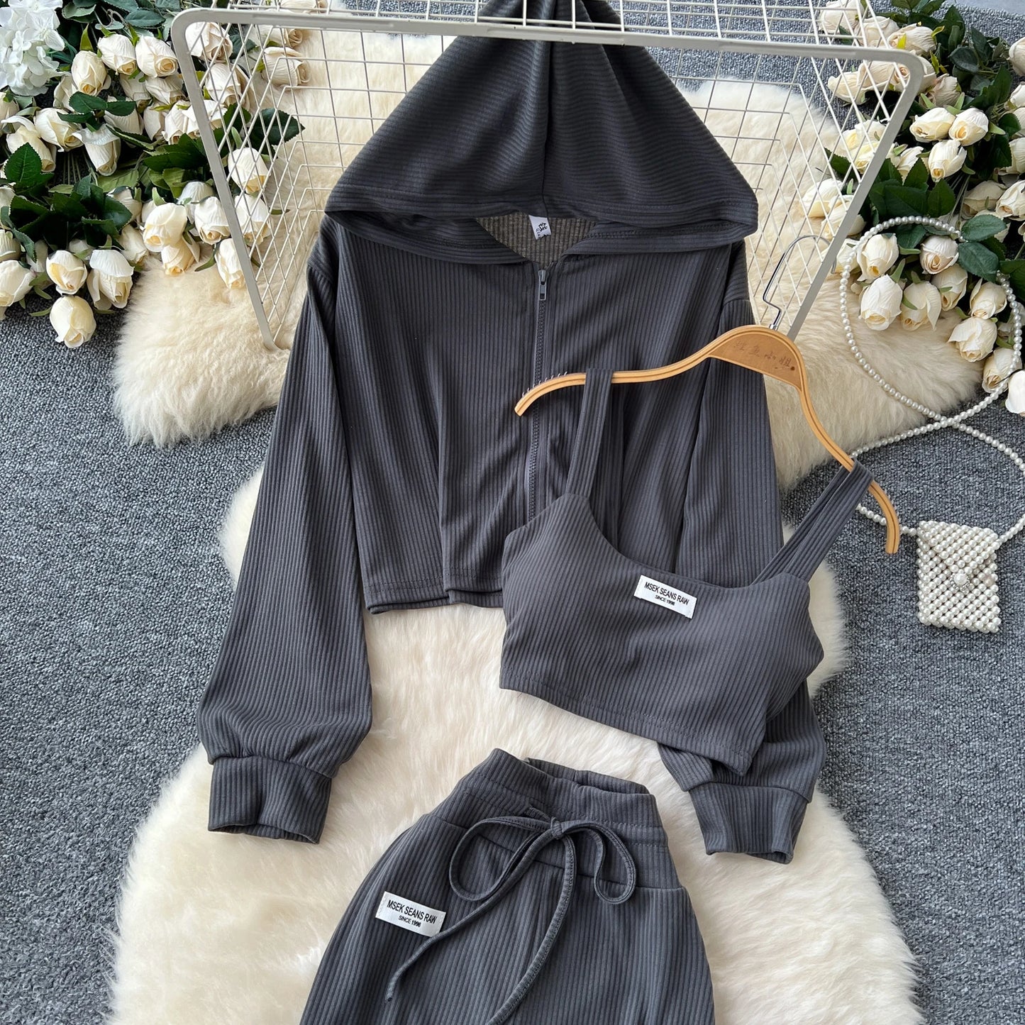 SINGREINY 2026 Autumn Sporty Suits Ladies Full Sleeves Hoodies+Sling Mini Camis+Drawstring Long Pants Casual Three Pieces Sets