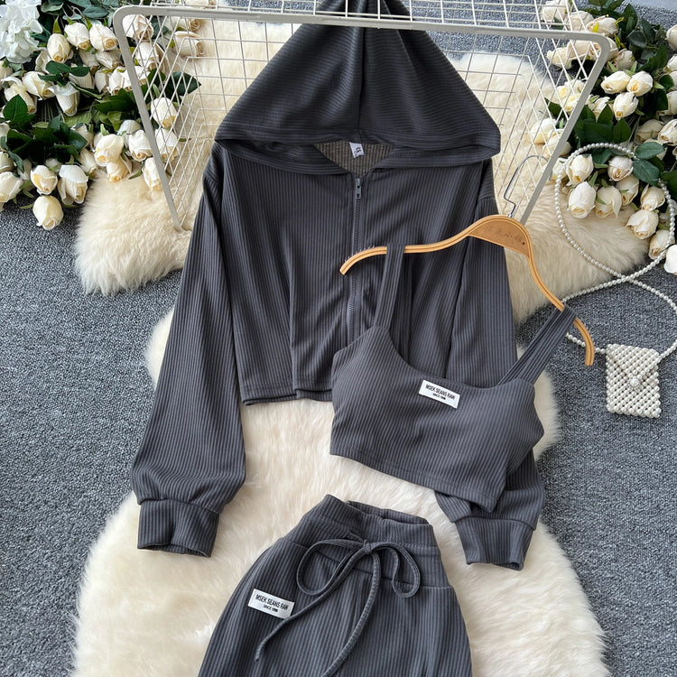 SINGREINY 2026 Autumn Sporty Suits Ladies Full Sleeves Hoodies+Sling Mini Camis+Drawstring Long Pants Casual Three Pieces Sets
