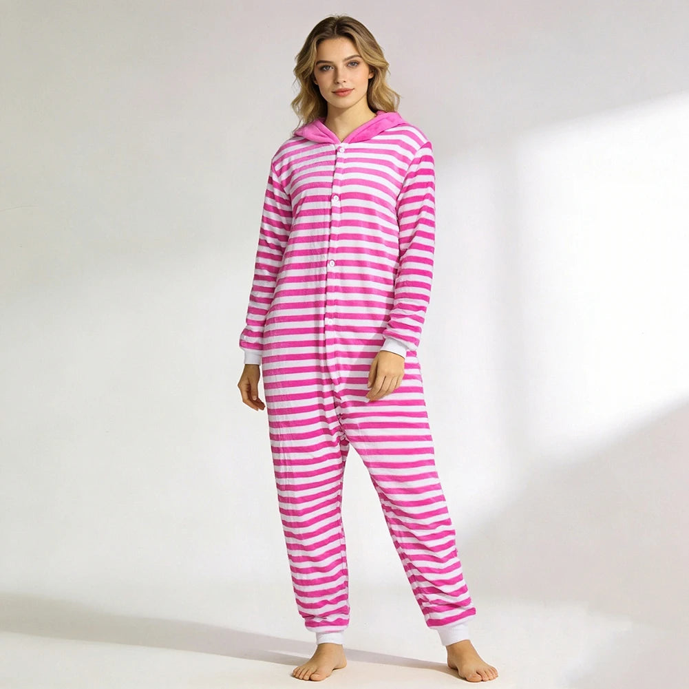Cheshire Cat Cartoon One-Piece Pajamas Flannel Men and Women  Home Wear Autumn and Winter Home Clothing for Autumn and Winter