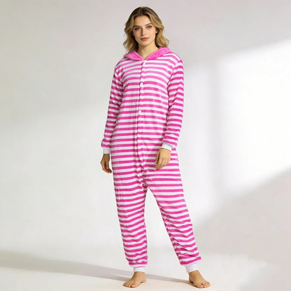 Cheshire Cat Cartoon One-Piece Pajamas Flannel Men and Women  Home Wear Autumn and Winter Home Clothing for Autumn and Winter