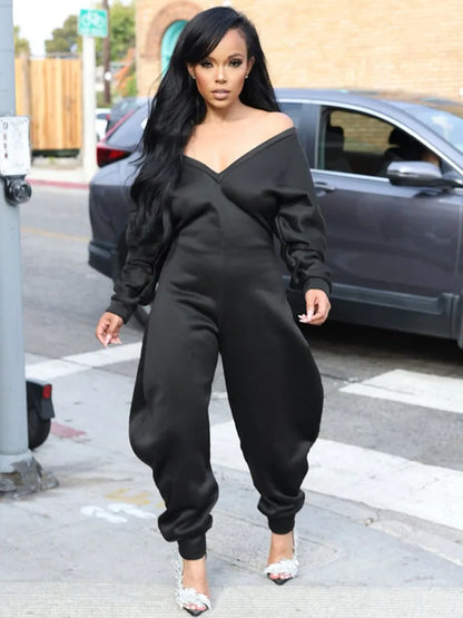 Doyerl Autumn Winter Solid Jumpsuits for Woman Long Sleeve Romper Sexy Off the Shoulder V-neck One Pieces Overalls Combinaison