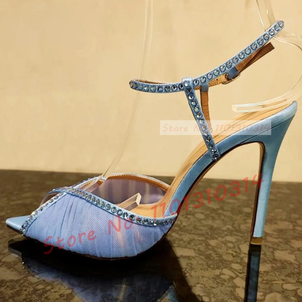 Peep Toe Tulle Sandals Stiletto High Heels Women Luxury Crystals Trim Pleated Mesh Shoes Summer Ladies Graceful Evening Shoes
