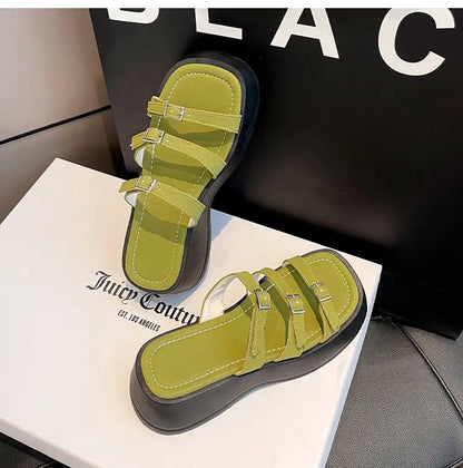 Women Thicken Soled Buckle Strap Sandals Platform High Heel Shoes Ladies Cut-Out Slippers Open Toe Flipflops Silver Beach Slides