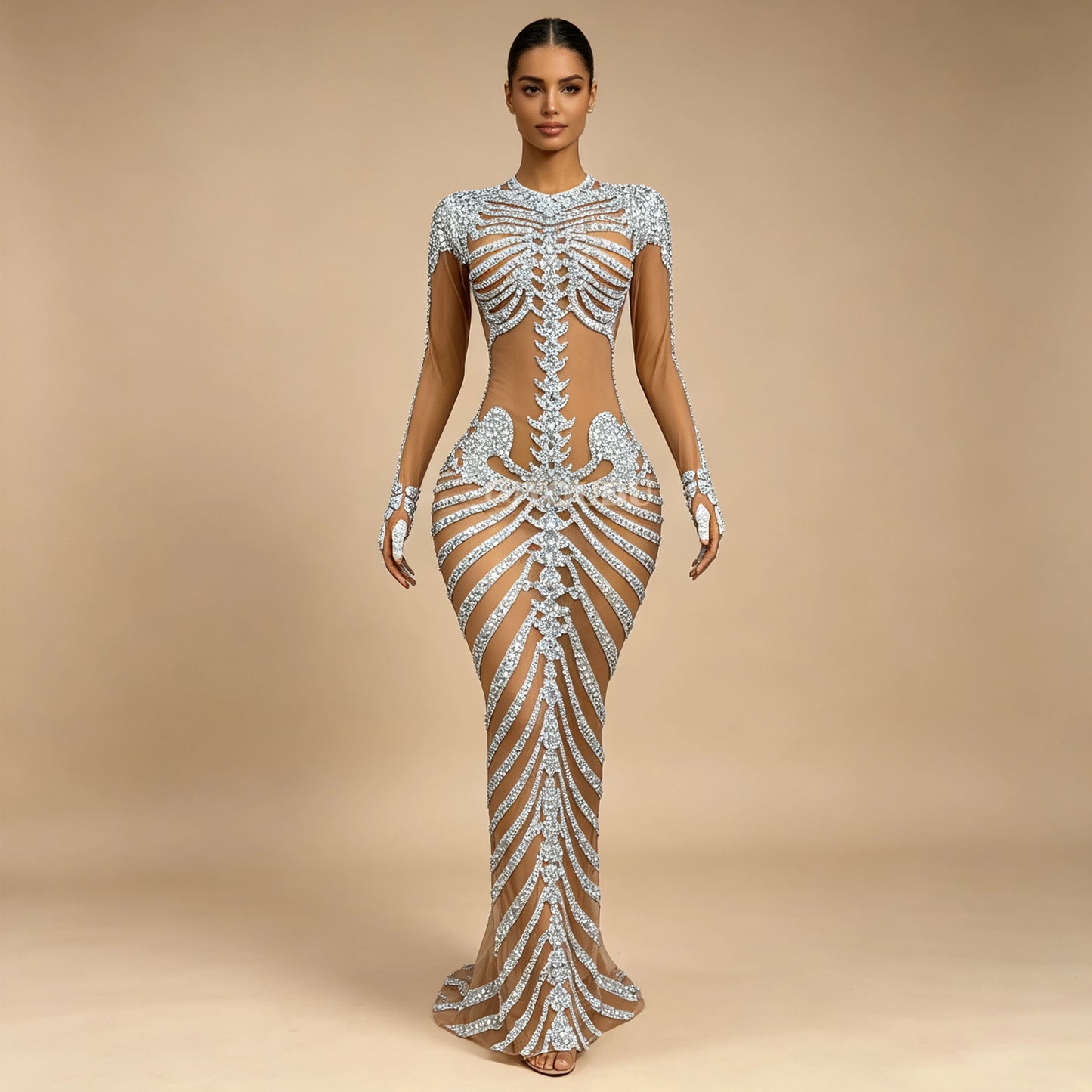 Fashion Skeleton Pattern Designed Shining Rhinestones Mesh Dress Women Halloween Party Celebrate Show Stage Outfit Kulouwang