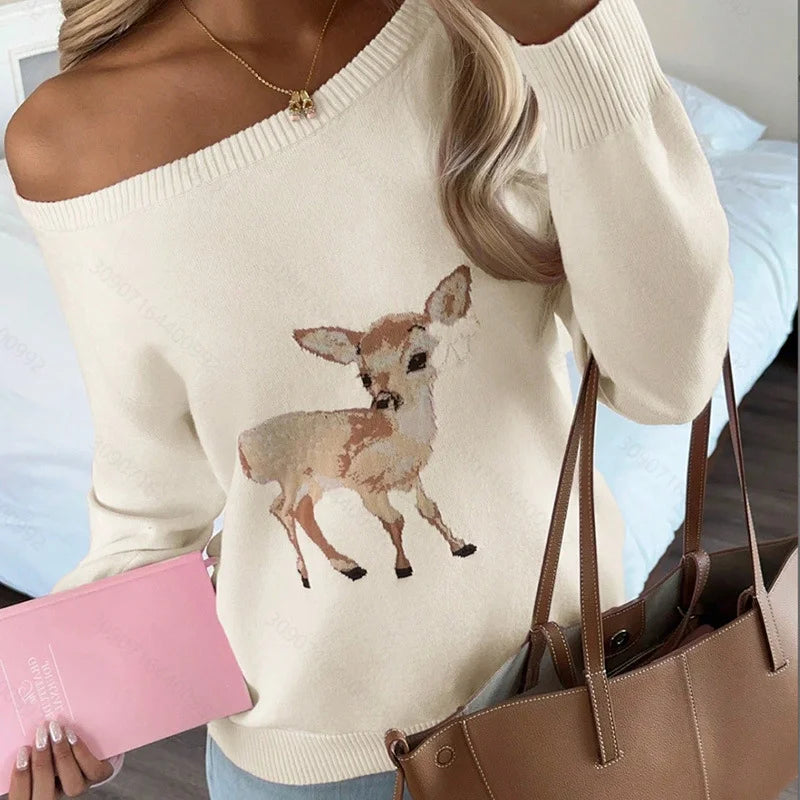 Women's Loose One-Shoulder Sweater Autumn/Winter Knitwear Top White Deer Pattern Fashionable Casual Style