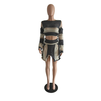 CM.YAYA Women's Set Knit Long Sleeve Crop Sweater + Irregular Mini Skirts 2025 Active Street Two 2 Piece Sets Outfits Tracksuit