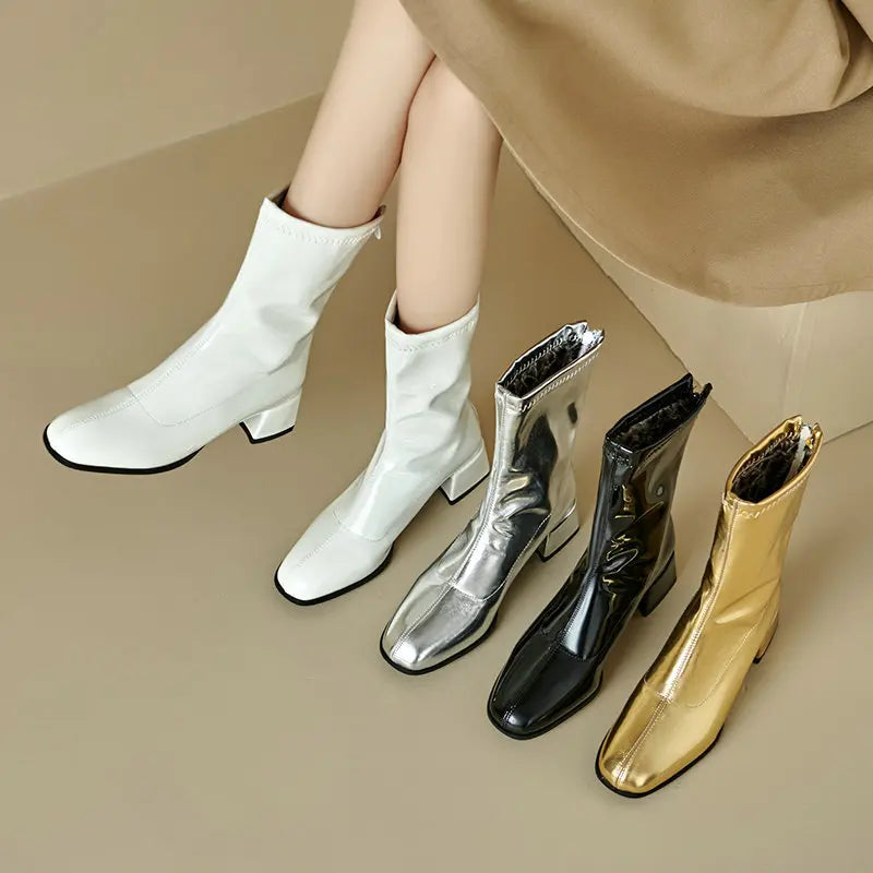 Black Thick Heel Short Boots For Women 4.5CM Fashion Back Zipper Autumn Winter Woman Shoes Square Toe Leisure Daily Ankle Boots