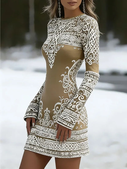 Slim Fit Round Neck Long Sleeved Hip Hugging Short Skirt Dress for Women Elegant Slimming Atmosphere Dress