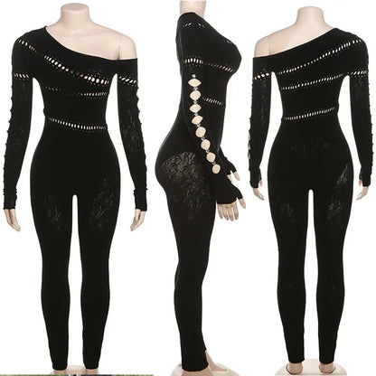 Black Night Party Lace Jumpsuits Woman Long Sleeve Skew Collar Hollow Out Patchwork Skinny One Pieces Rompers Womens Jumpsuit