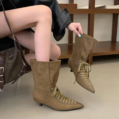 New Fashion Cross-tied Pointed Toe Women Ankle Boots Autumn Winter Thin Low Heels Party Dress Ladies Short Booties Shoes