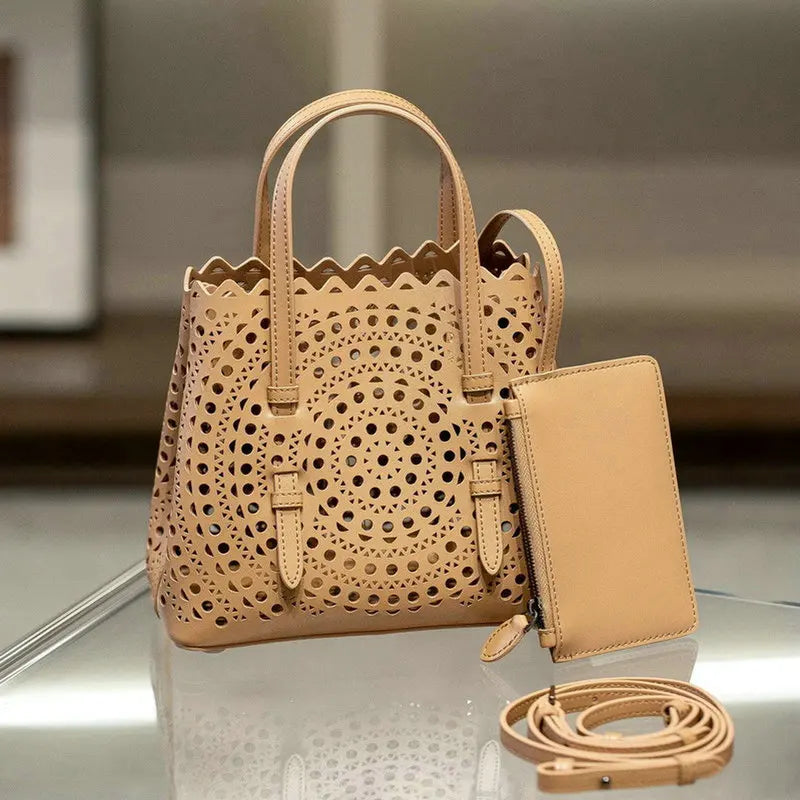 Brand Designer Luxury High Quality Mini Cowhide Shoulder Handbags 2025 Hollow Fashion Large Capacity Genuine Leather Bucket Bag