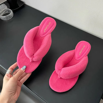 New Footwear Flock Women Wedges Slippers Flip Flops Shoes Fashion Round Toe Ladies Wedges Slippers Shoes Female Sandals Slides