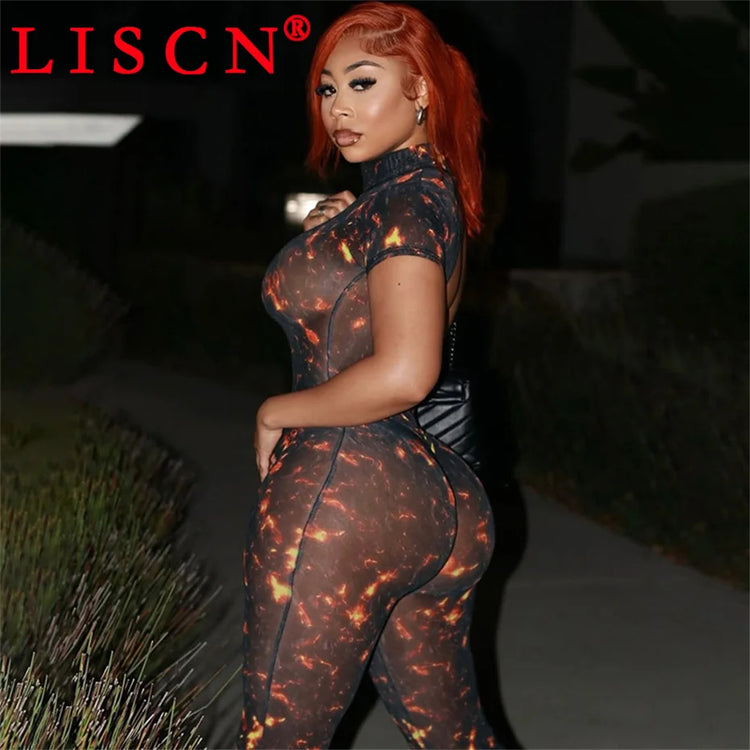 10 Wholesale Items Jumpsuits Women Summer 2025 Short Sleeve Bodycon Sexy Y2k Printing Mesh See Through Backless Rompers K15151