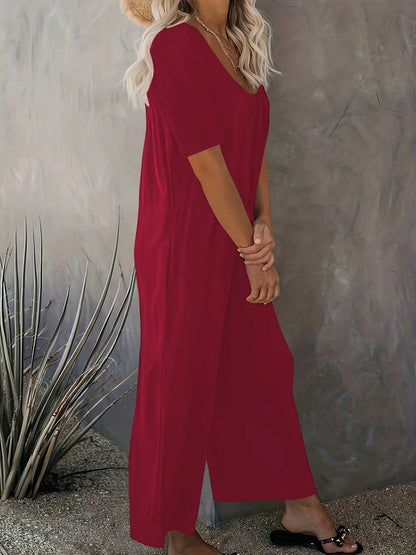 Plus Size 0XL-5XL Summer Rompers Overalls Women's Solid Color Jumpsuit with Pockets Casual Fashion Short Sleeve Jumpsuits