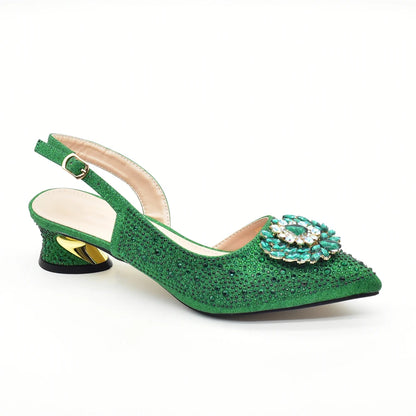 African Shoe and Bags Set for Wedding Nigerian Party Shoes and Bag Set Decorated with Rhinestone Elegant Heeled Pumps for Women