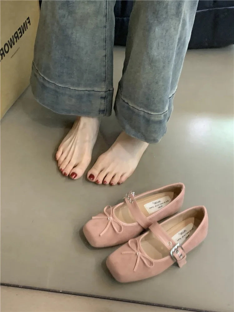 Women's Square Toe Shoes New Luxury Bow Flats Ladies Ballet Silver Belt Buckle Footwear Elegant Fashion Mary Jane Shoes Zapatos
