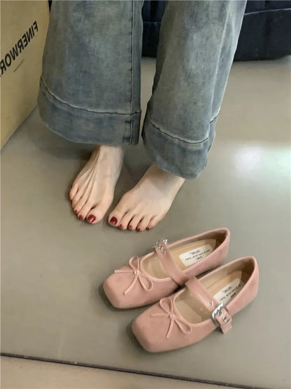 Women's Square Toe Shoes New Luxury Bow Flats Ladies Ballet Silver Belt Buckle Footwear Elegant Fashion Mary Jane Shoes Zapatos