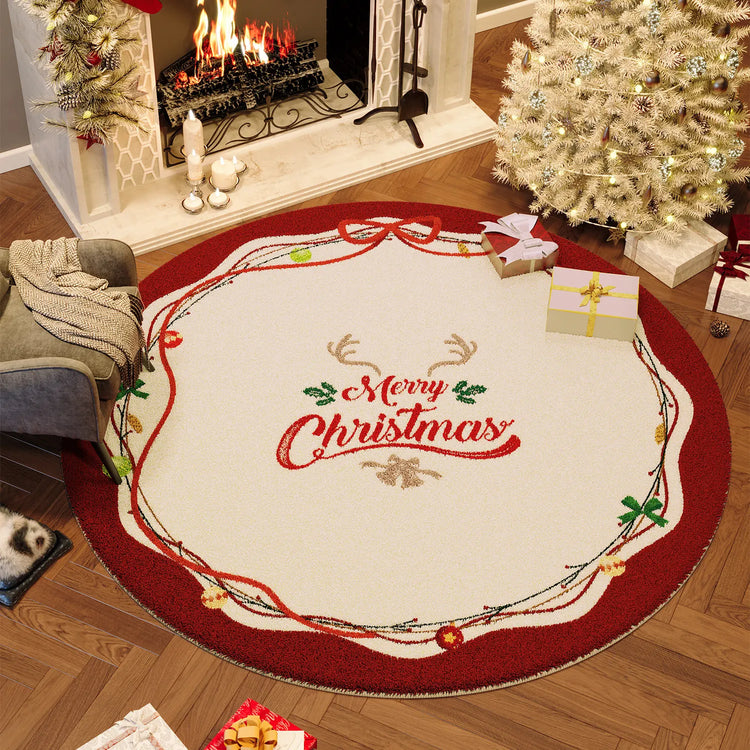 Christmas Round Faux Cashmere Area Rug Non Slip Soft Bedroom Bedside Carpet Xmas Holiday Home Decor Floor Mat for Living Room