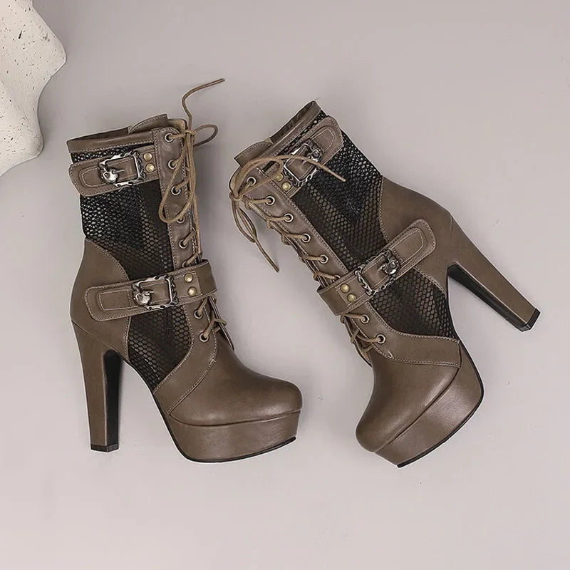 2025 New Lace-up Mesh Summer Boots Women Sexy High Heels Platform Sandals Large Size Women's Custom Boots Female Shoes