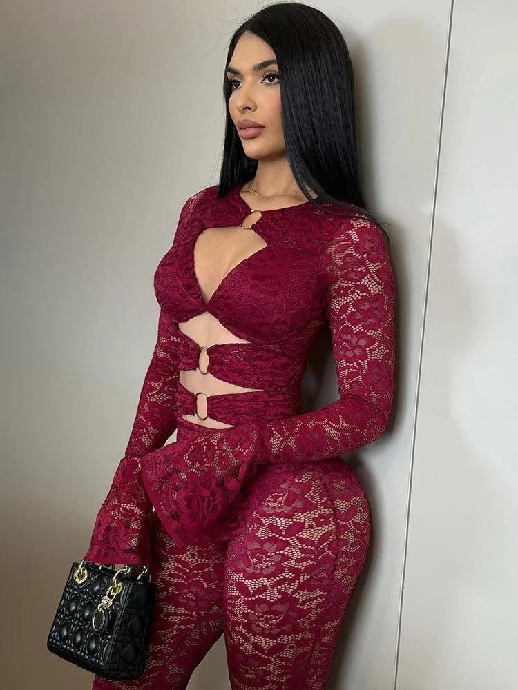 Nibber See Through Jumpsuits Woman Metal Rings Patchwork Hollow Design Sexy Full Sleeve Midnight Club Party Wild Style Overalls