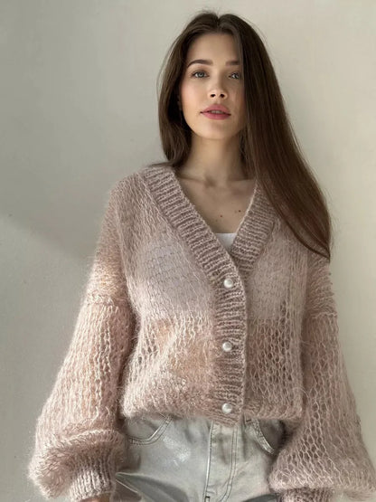 Women Knitting Cardigan 2026 New Women Mohair Knit Cardigan Hollow Out Sheer Long Sleeve Casual Knitted Outerwear Sweater