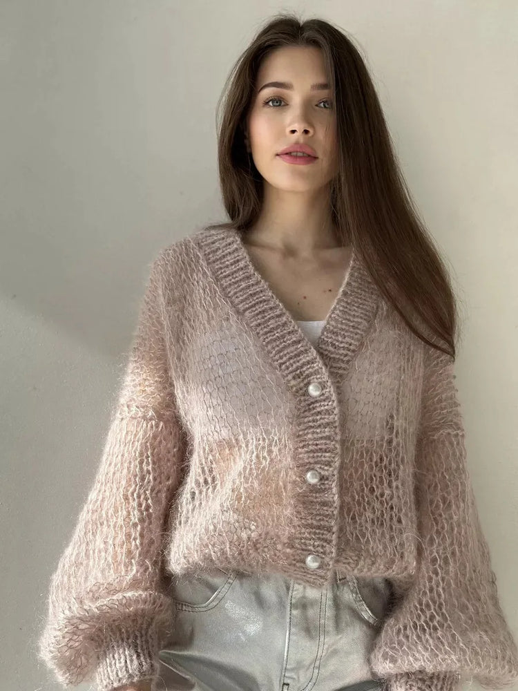 Women Knitting Cardigan 2026 New Women Mohair Knit Cardigan Hollow Out Sheer Long Sleeve Casual Knitted Outerwear Sweater