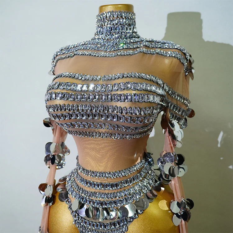 Silver Rhinestone Sequin Dance Set Women Sexy Bodysuit Gogo Latin Pole Dancing Stage Performance Wear Nightclub Drag Queen Show