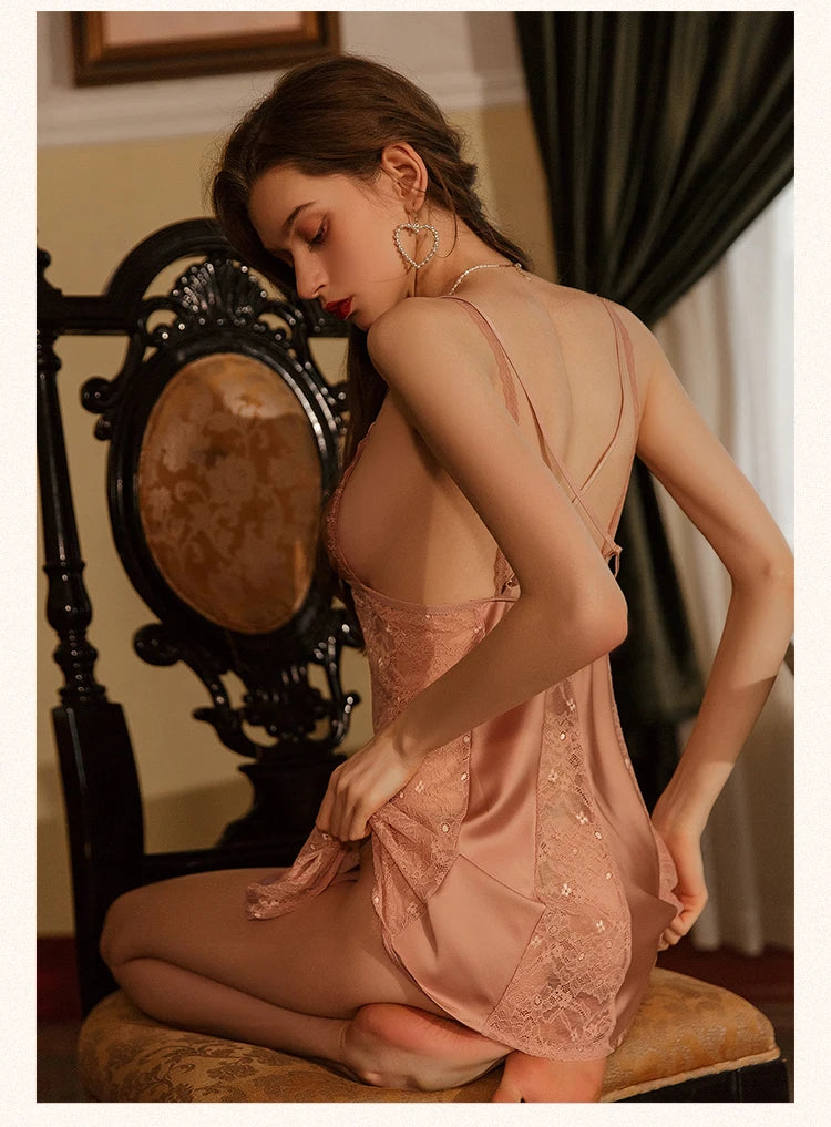 Satin Nightgown Front Buckle Lace Spaghetti Strap Night Dress Pajamas Women's Sleepwear Ice Silk Nightdress with Chest Pad