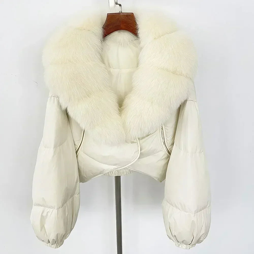 Winter Female White Duck Down Jacket Luxury Loose Short Fashion Casual Women Warm Real Fox Fur Coat Long Sleeve Puffer Jacket