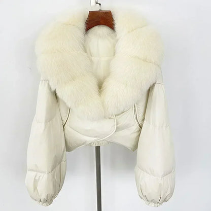 Winter Female White Duck Down Jacket Luxury Loose Short Fashion Casual Women Warm Real Fox Fur Coat Long Sleeve Puffer Jacket