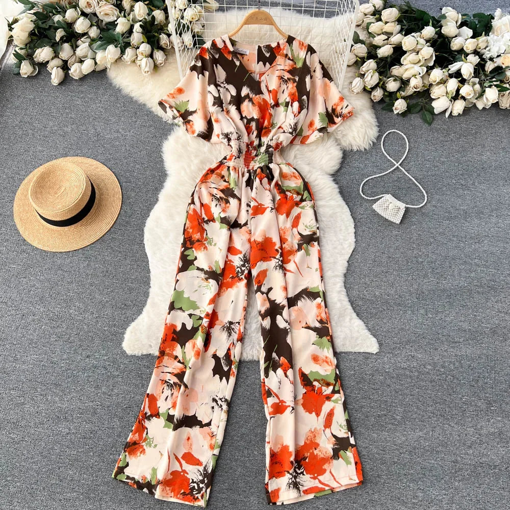 2026 New Summer Beach Summer Floral Jumpsuits Fashion V Neck Elastic Slim Short Sleeve Streetwear Vacation Retro Long Rompers