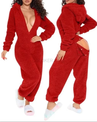Women Jumpsuit Long Sleeve Pajama Zipper Hooded Jumpsuit Casual Winter Warm Sleepwear Sexy Butt Button Back Flap Home Clothing