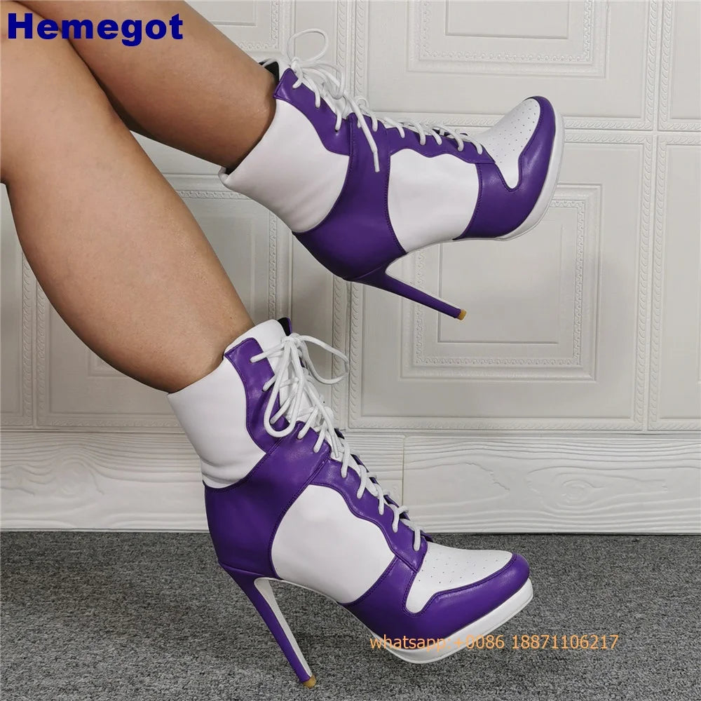 Round Toe Sports Lace Up Women's Short Boots 2025 Thick Sole Mixed Color Stilettos Autumn Winter New Street Style Casual Rock Bo